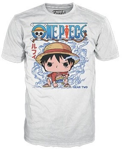 Funko Pop! One Piece Tee white shirt with a colorful Chibi style image of Lufy and the One Piece logo